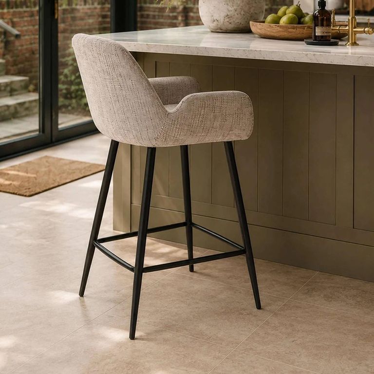 Barley Bar Stool - Set of 2 - Cream Chenille and Black - Fabric and Metal