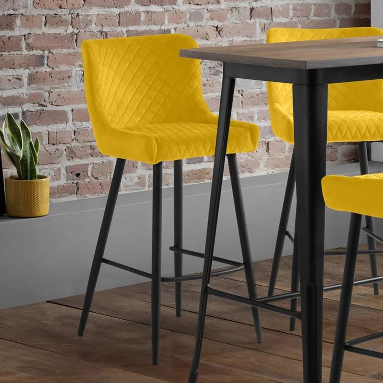 Luxe Barstool - Set of 2 - Curved Back - Mustard Velvet and Black - Fabric and Metal