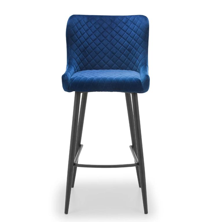 Luxe Barstool - Set of 2 - Curved Back - Blue Velvet and Black - Fabric and Metal