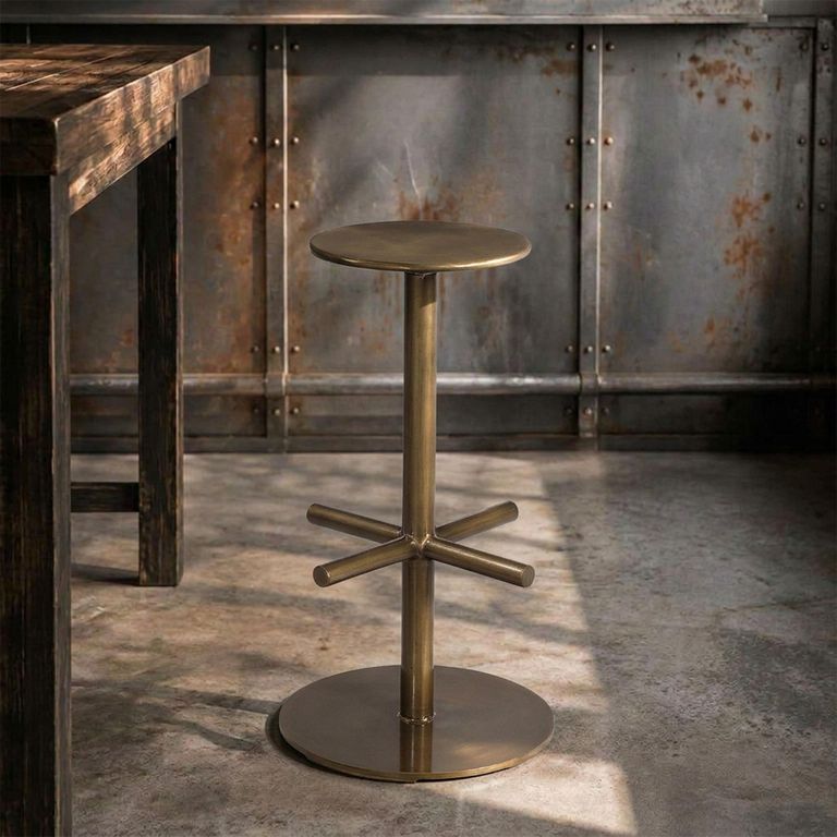 Barstool - Set of 2 - Round - Pedestal Base - Antique Brass - Metal