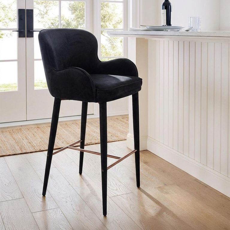 Perry Barstool - with Armrest - Set of 2 - Curved Back - Black Velvet - Fabric and Metal