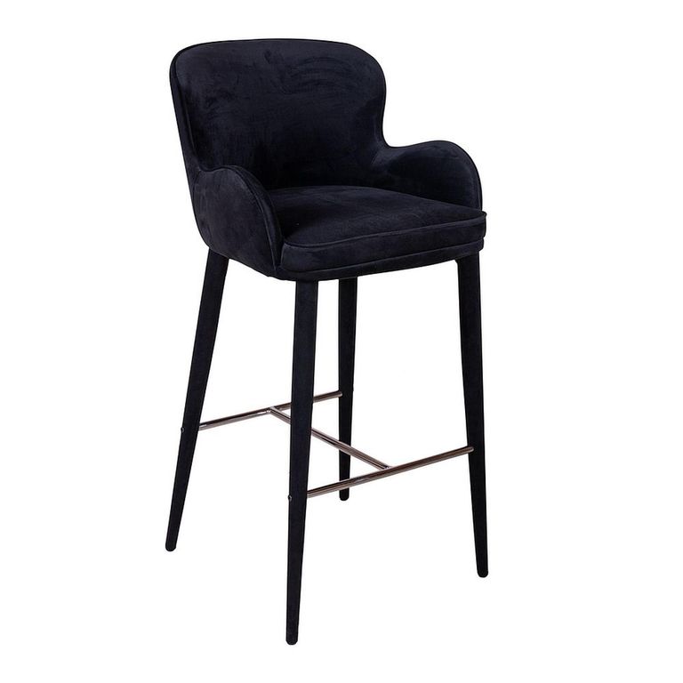 Perry Barstool - with Armrest - Set of 2 - Curved Back - Black Velvet - Fabric and Metal