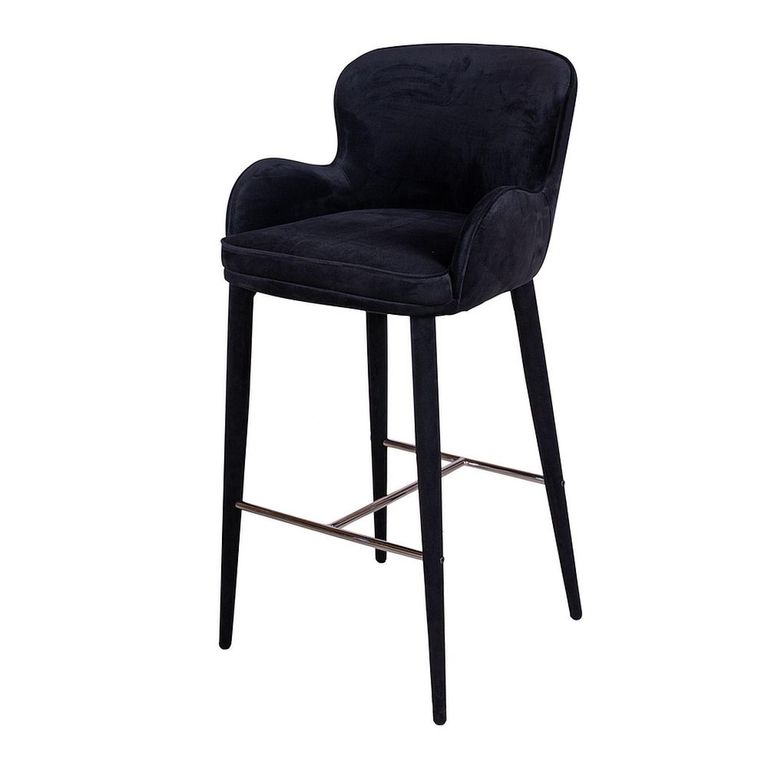 Perry Barstool - with Armrest - Set of 2 - Curved Back - Black Velvet - Fabric and Metal