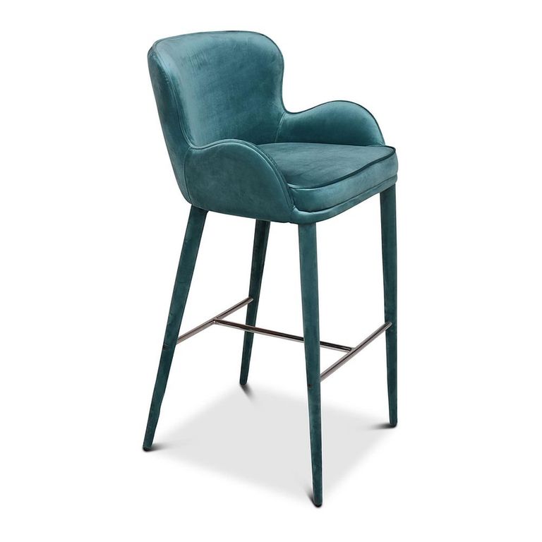 Perry Barstool - with Armrest - Set of 2 - Curved Back - Green Velvet - Fabric and Metal