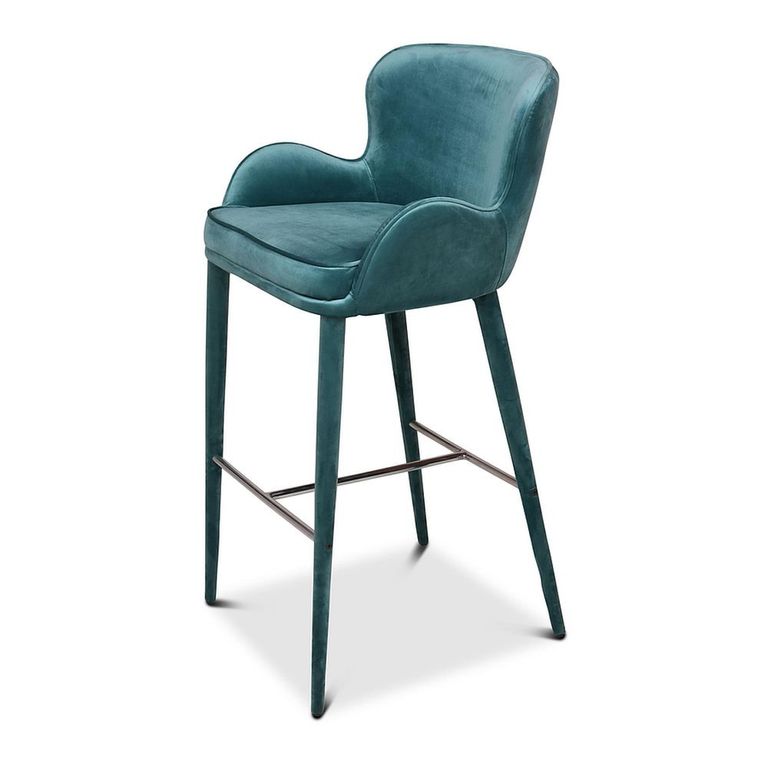 Perry Barstool - with Armrest - Set of 2 - Curved Back - Green Velvet - Fabric and Metal