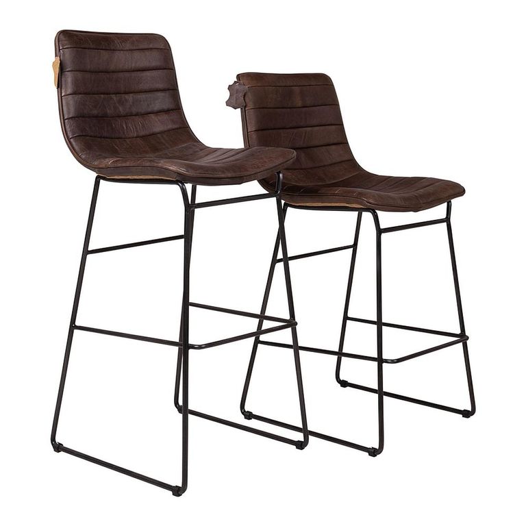 Vancouver Industrial Barstool - Set of 2 - Whiskey Dark Brown and Black - Leather and Metal