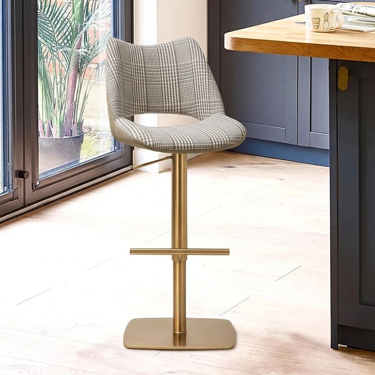 Contour Barstools - Set of 2 - Curved Back - Adjustable Height - Olive and Gold - Fabric and Metal