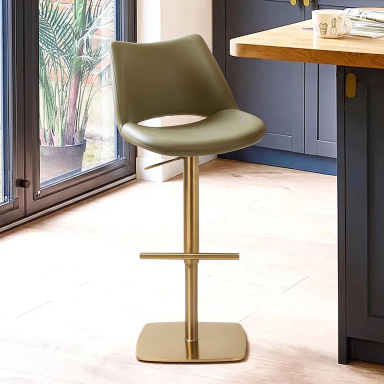 Contour Barstools - Set of 2 - Curved Back - Adjustable Height - Olive and Gold - Faux Leather and Metal