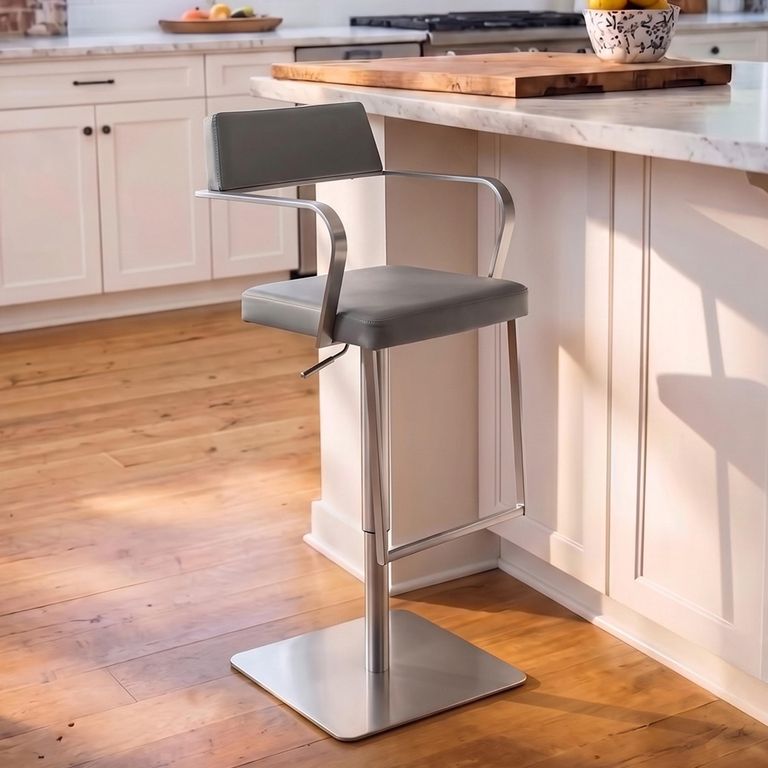 Tempo Barstools - Set of 2 - Adjustable Height - Charcoal Grey and Chrome - Faux Leather and Metal