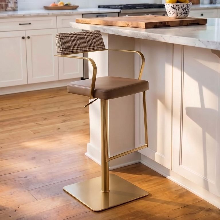 Tempo Barstools - Set of 2 - Adjustable Height - Mocha and Gold - Fabric and Metal