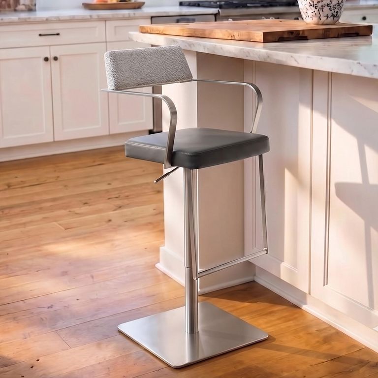 Tempo Barstools - Set of 2 - Adjustable Height - Smoke Grey and Chrome - Fabric and Metal