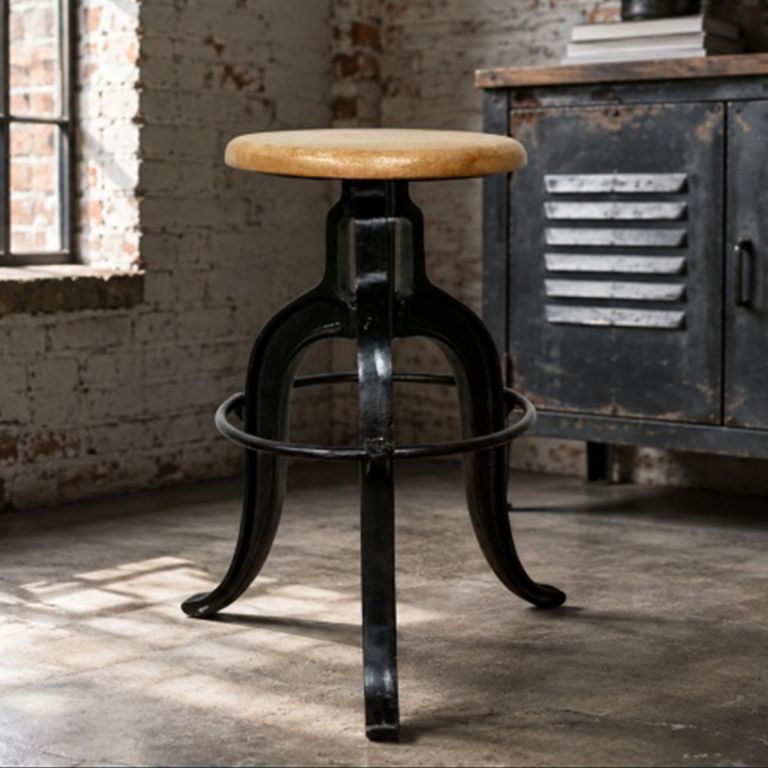 Industrial Barstool - Set of 2 - Adjustable Height - Natural and Black - Mango Wood and Metal