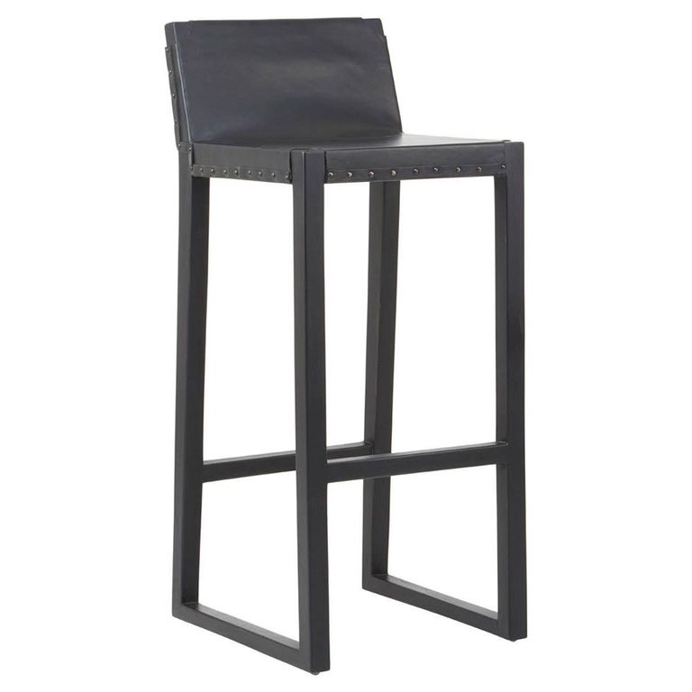 Kendari Barstool - Black Leather and Teak Wood - with Back