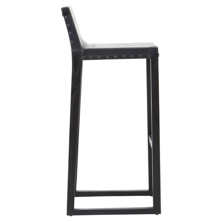 Kendari Barstool - Black Leather and Teak Wood - with Back