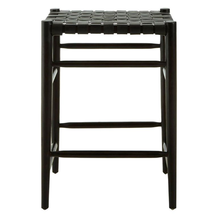 Kendari Barstool - Black Leather with Teak Wood
