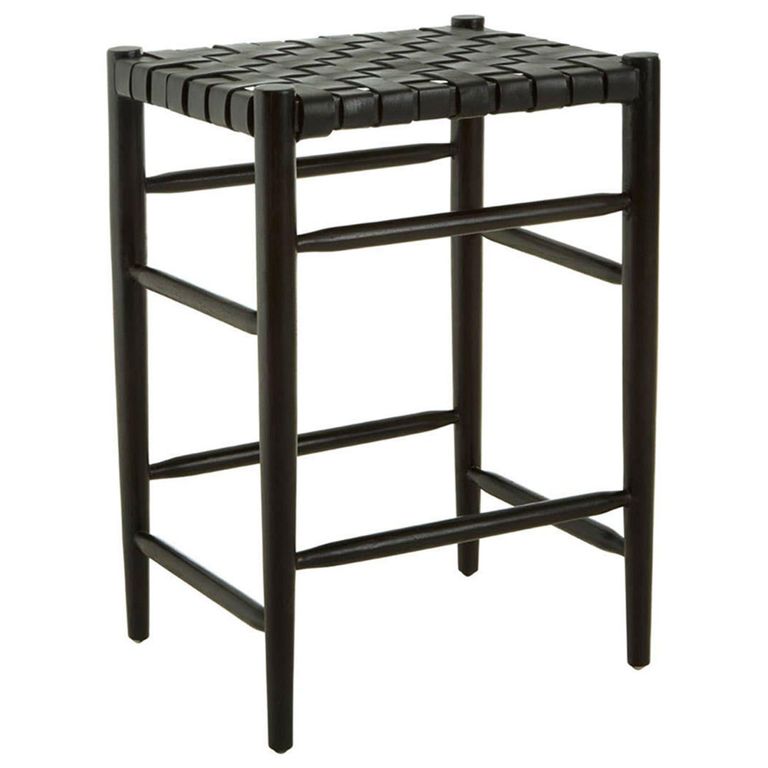 Kendari Barstool - Black Leather with Teak Wood