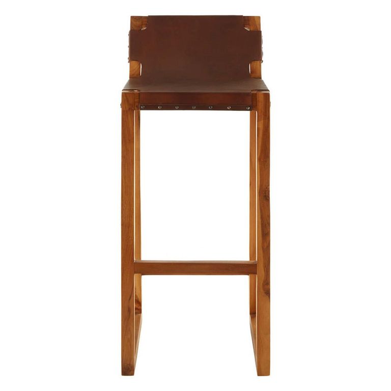 Kendari Barstool - Brown Leather and Teak Wood - with Back