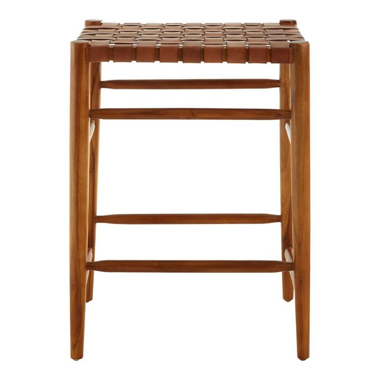 Kendari Barstool - Brown Leather with Teak Wood