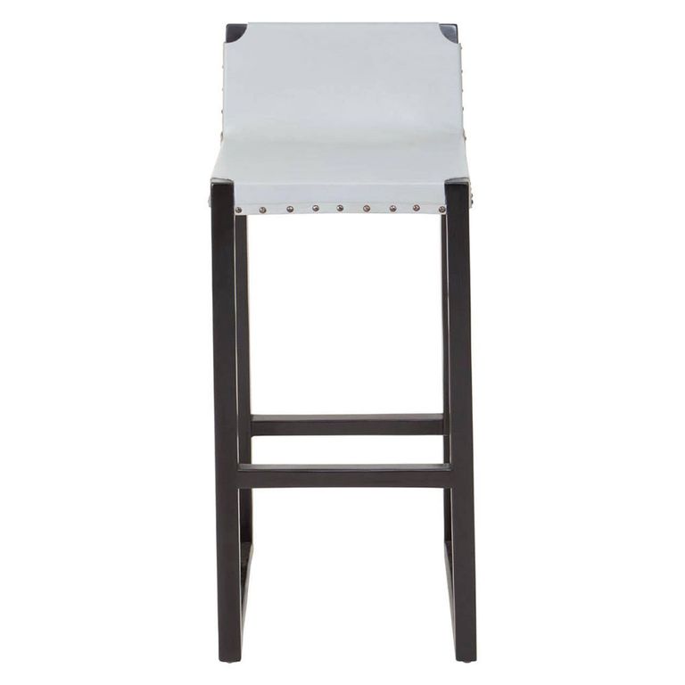 Kendari Barstool - Grey Leather and Teak Wood - with Back