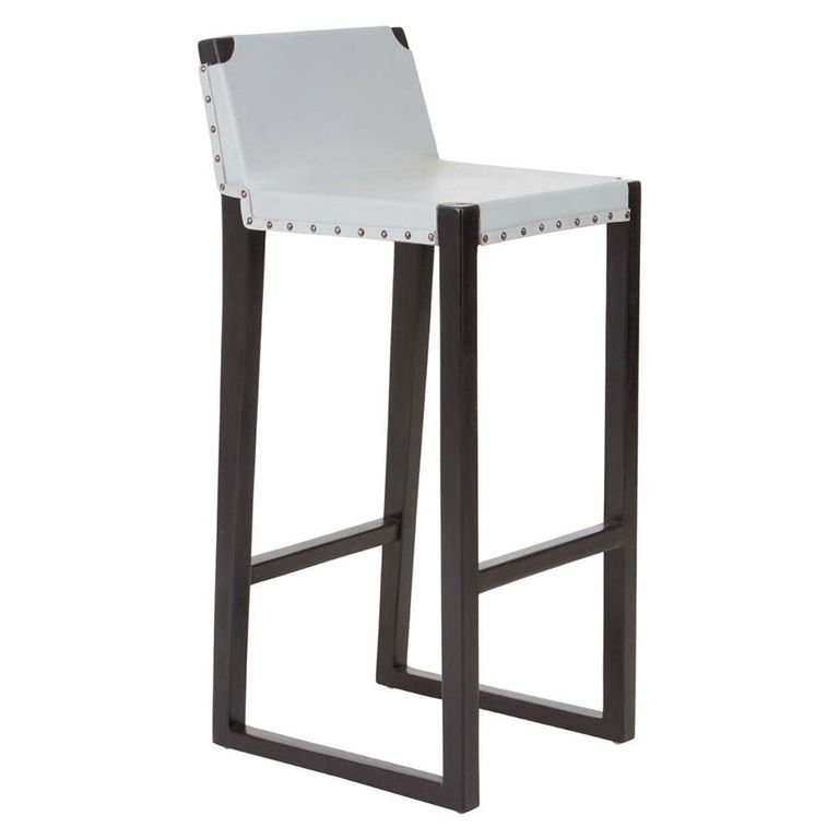 Kendari Barstool - Grey Leather and Teak Wood - with Back