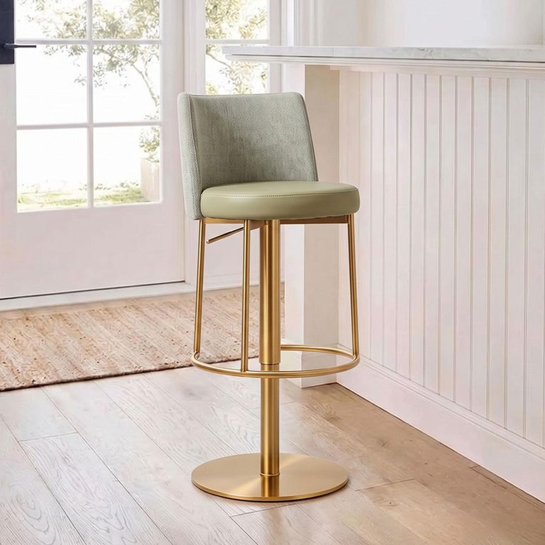 Vogue Barstools - Set of 2 - Adjustable Height - Pistachio and Gold - Fabric and Metal