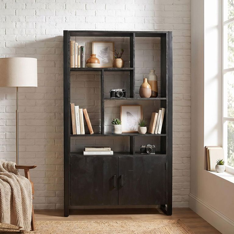 Norris Bookcase - 2 Door - Charcoal - Rustic Mango Wood
