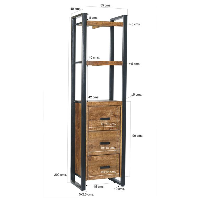 Nairobi Bookcase - 3 Drawer - Tall - Natural - Rustic Mango Wood