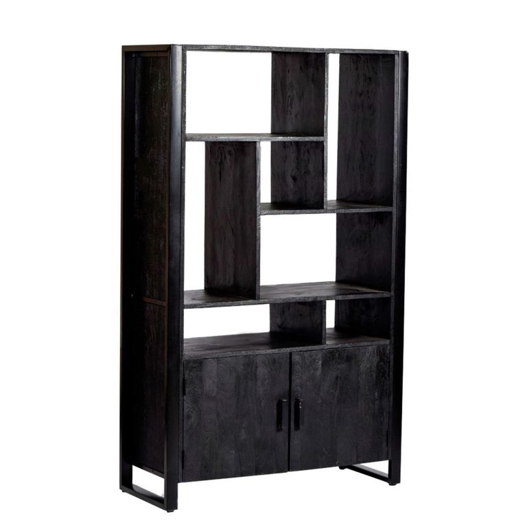 Norris Bookcase - 2 Door - Charcoal - Rustic Mango Wood