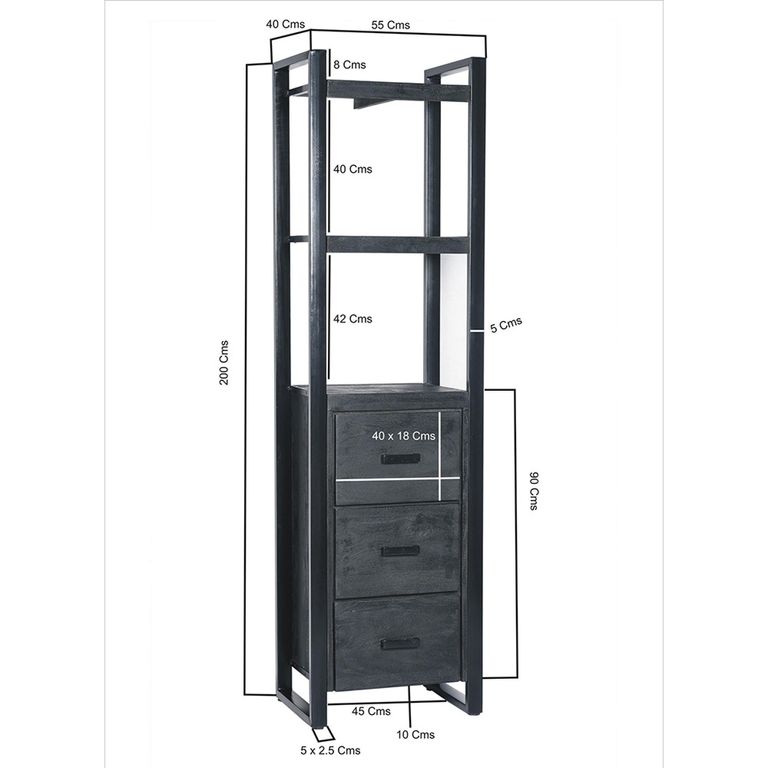 Norris Bookcase - 3 Drawer - Tall - Charcoal - Rustic Mango Wood