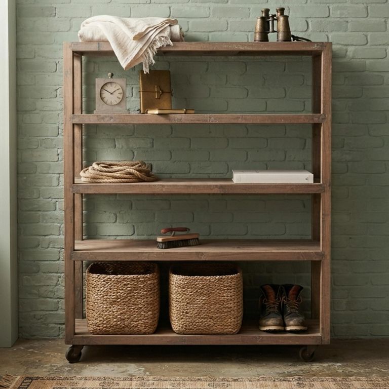 Bassano Shelving Unit - Low - on Wheels - Natural - Recycled Wood and Metal