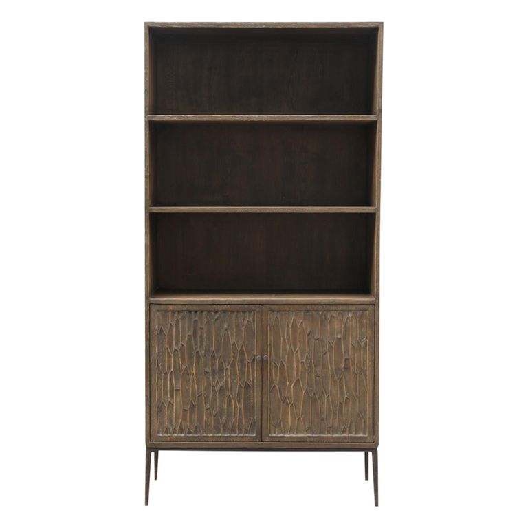 Tacca Carved Bookcase - 2 Door - Brown - Distressed Wood and Metal