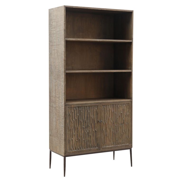 Tacca Carved Bookcase - 2 Door - Brown - Distressed Wood and Metal