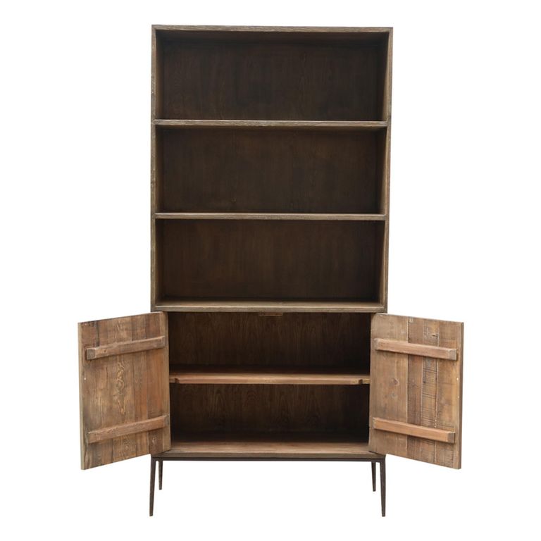 Tacca Carved Bookcase - 2 Door - Brown - Distressed Wood and Metal