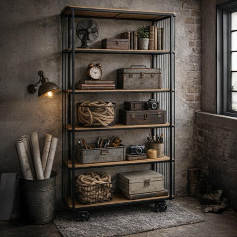 Industrial Shelving Unit - Tall - Black - on Wheels - Wood and Metal