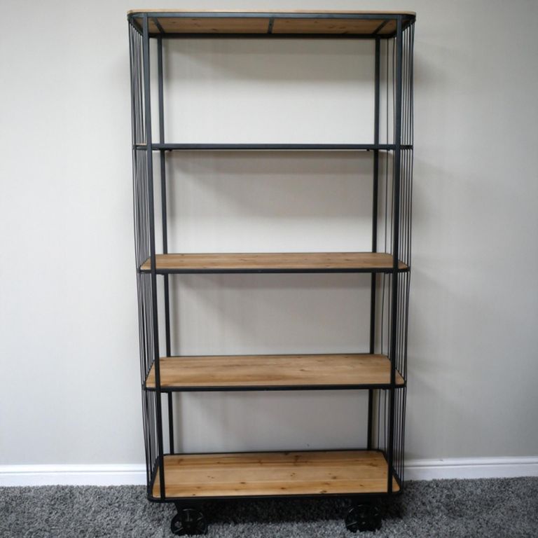 Industrial Shelving Unit - Tall - Black - on Wheels - Wood and Metal