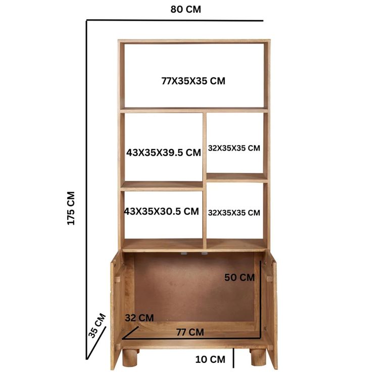 Austin Bookcase - 2 Door - Fluted - Natural - Mango Wood