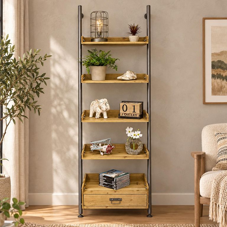 Wooden 1 Drawer Ladder Shelving Unit