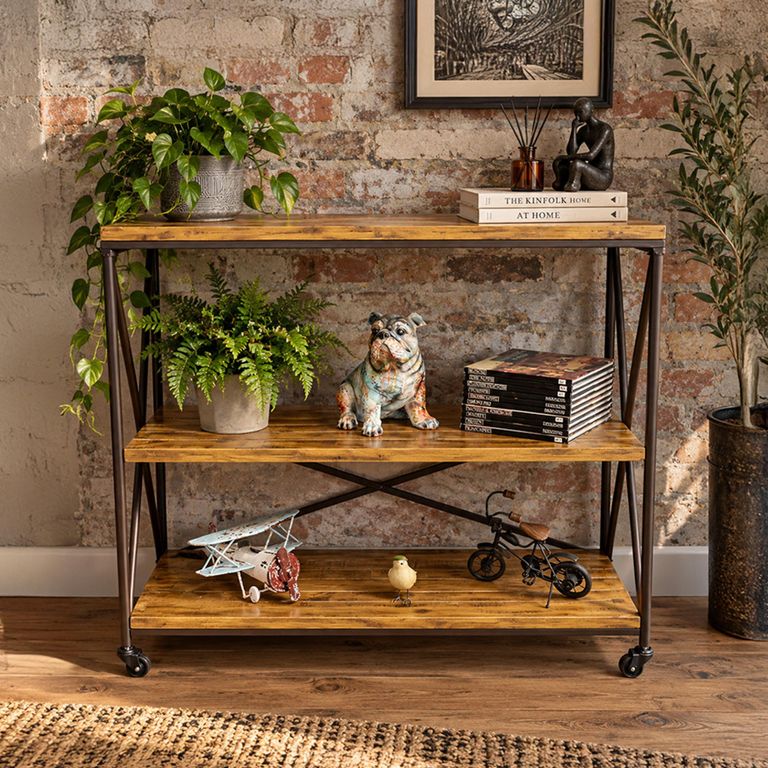 Wood and Metal Shelving Unit on Wheels
