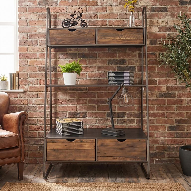 Fir Wood and Metal 4 Drawer Shelving Unit