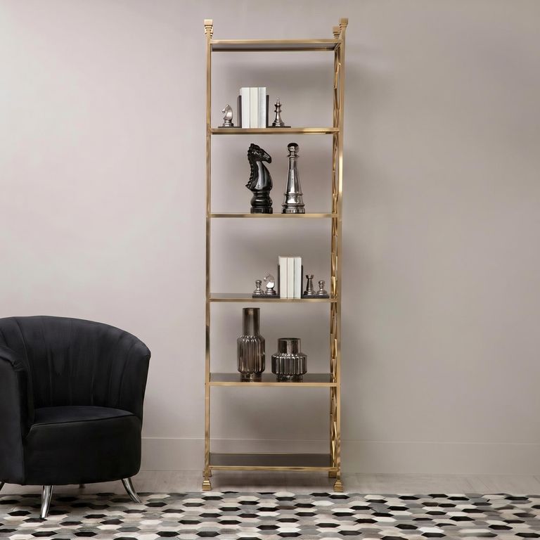 Horizon Bookcase - Black Glass with Gold Metal
