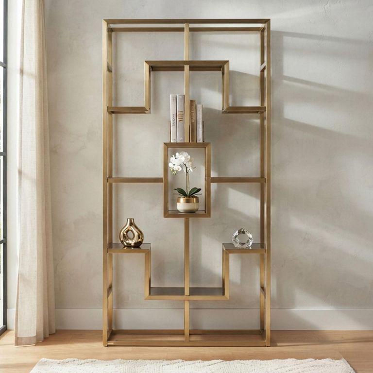 Magnus Open Shelving Unit - Brushed Gold - Glass and Metal