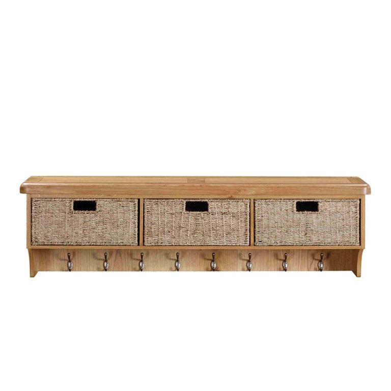 Janelle Wall Shelf - with Hooks and Baskets - Rustic Oak