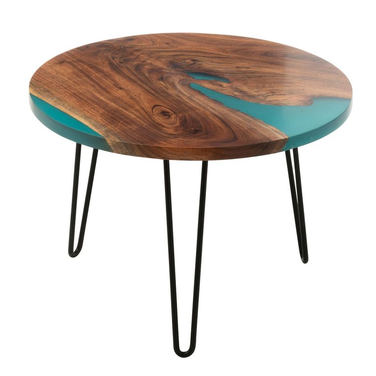 Coffee Table - Round - Small - Hairpin Leg - Natural and Blue - Acacia Wood and Metal