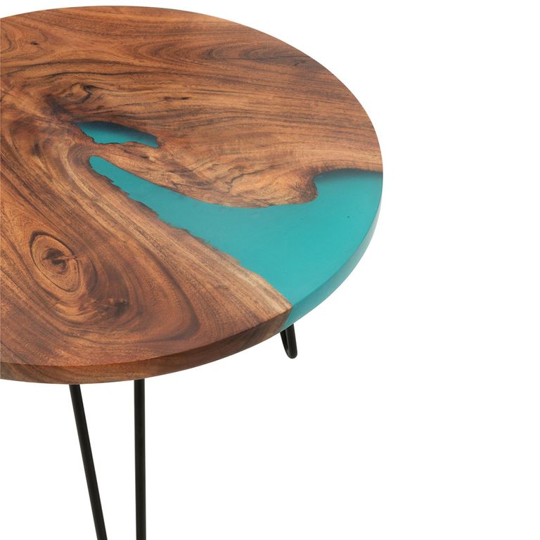 Coffee Table - Round - Small - Hairpin Leg - Natural and Blue - Acacia Wood and Metal