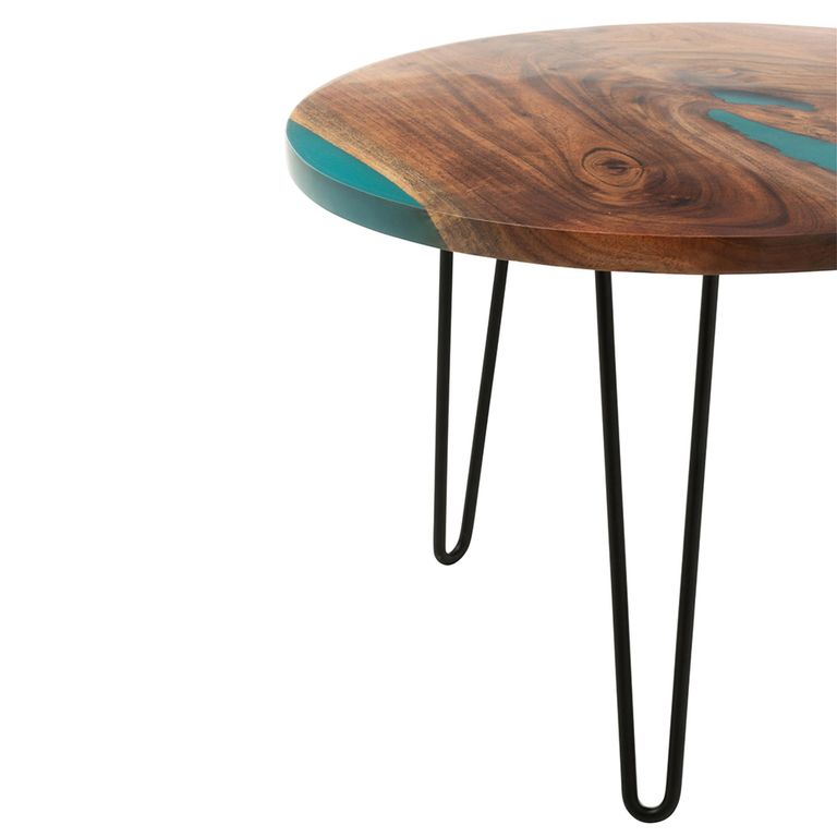 Coffee Table - Round - Small - Hairpin Leg - Natural and Blue - Acacia Wood and Metal