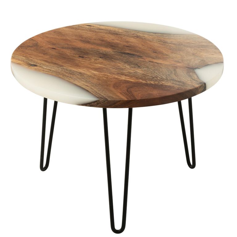 Coffee Table - Round - Small - Hairpin Leg - Natural and White - Acacia Wood and Metal