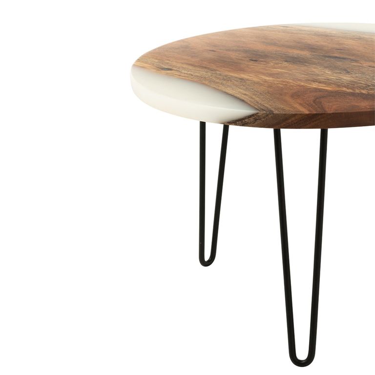 Coffee Table - Round - Small - Hairpin Leg - Natural and White - Acacia Wood and Metal