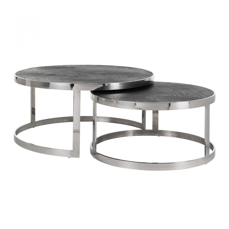 Blackbone Black Oak 2 Tier Round Coffee Tables with Silver Trim