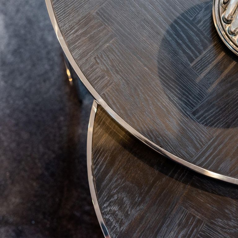 Blackbone Black Oak 2 Tier Round Coffee Tables with Silver Trim