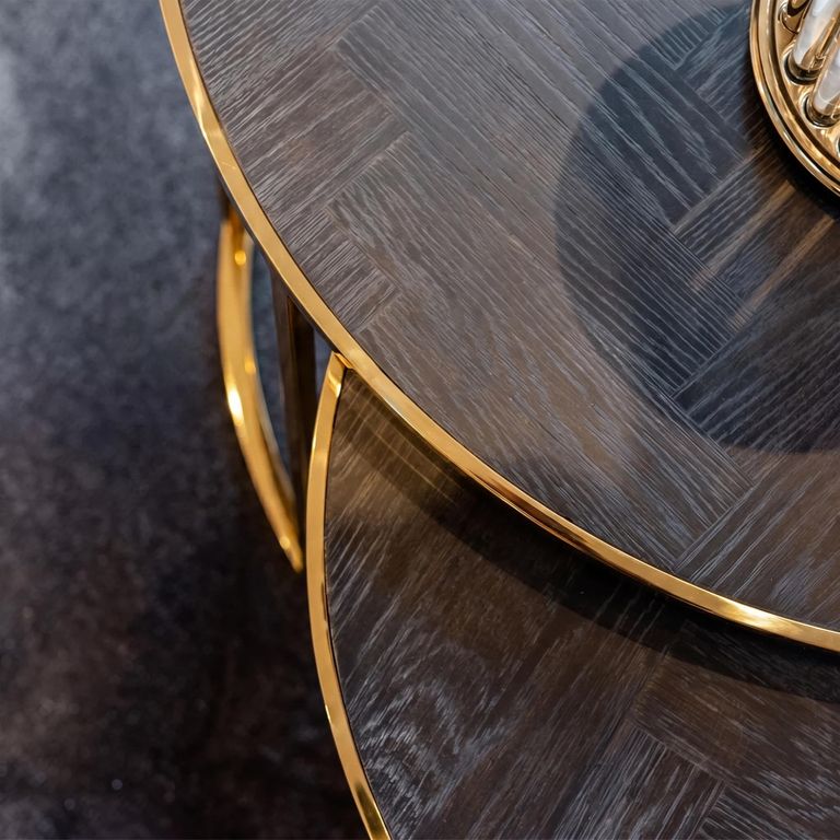 Blackbone Black Round 2 Tier Coffee Tables with Gold Trim